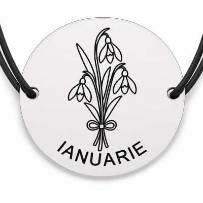 Brățară argint 925 cu bănuț gravat buchet ghiocei ianuarie, șnur negru reglabil — R0679
