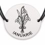 Brățară argint 925 cu bănuț gravat buchet ghiocei ianuarie, șnur negru reglabil — R0679