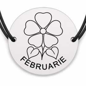 Brățară argint 925 cu bănuț gravat violeta februarie, șnur negru reglabil — R0680
