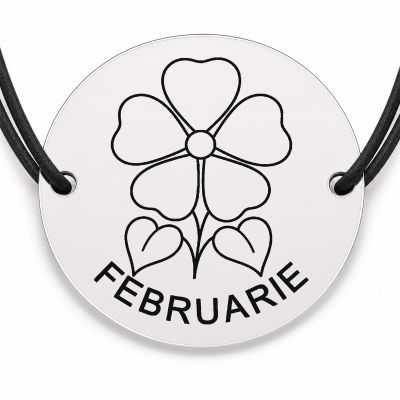 Brățară argint 925 cu bănuț gravat violeta februarie, șnur negru reglabil — R0680