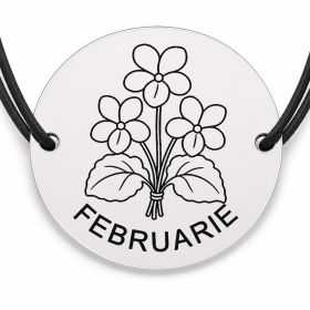 Brățară argint 925 cu bănuț gravat buchet violete februarie, șnur negru reglabil — R0681