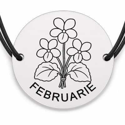Brățară argint 925 cu bănuț gravat buchet violete februarie, șnur negru reglabil — R0681