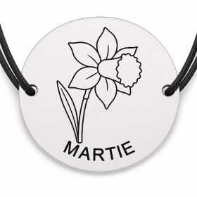 Brățară argint 925 cu bănuț gravat narcisa martie, șnur negru reglabil — R0682
