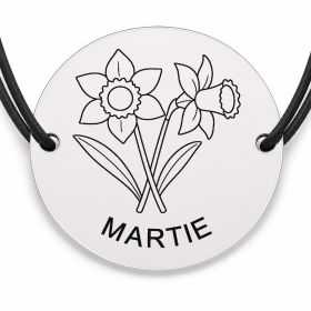 Brățară argint 925 cu bănuț gravat buchet narcise martie, șnur negru reglabil — R0683