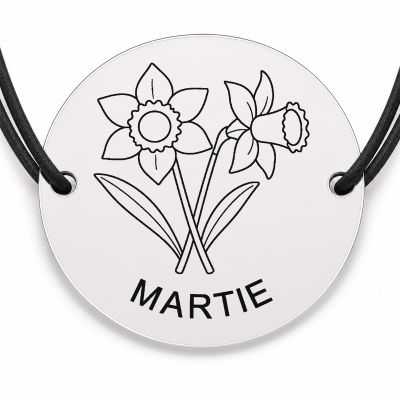 Brățară argint 925 cu bănuț gravat buchet narcise martie, șnur negru reglabil — R0683