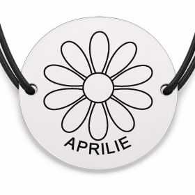 Brățară argint 925 cu bănuț gravat margareta aprilie, șnur negru reglabil — R0684