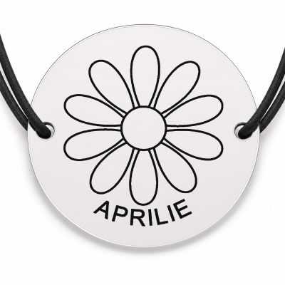 Brățară argint 925 cu bănuț gravat margareta aprilie, șnur negru reglabil — R0684