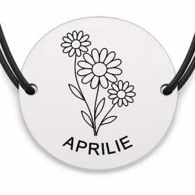 Brățară argint 925 cu bănuț gravat buchet margarete aprilie, șnur negru reglabil — R0685