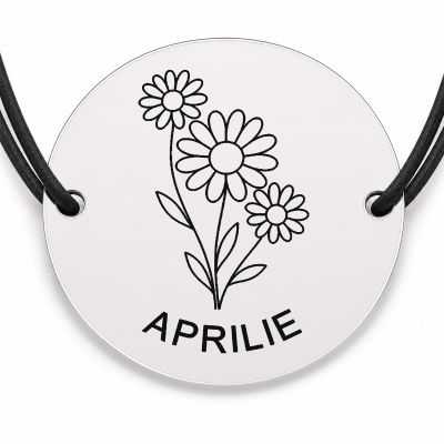 Brățară argint 925 cu bănuț gravat buchet margarete aprilie, șnur negru reglabil — R0685