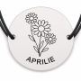 Brățară argint 925 cu bănuț gravat buchet margarete aprilie, șnur negru reglabil — R0685