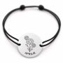 Brățară argint 925 cu bănuț gravat buchet margarete aprilie, șnur negru reglabil — R0685