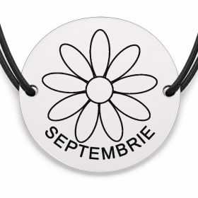 Brățară argint 925 cu bănuț gravat aster septembrie, șnur negru reglabil — R0694