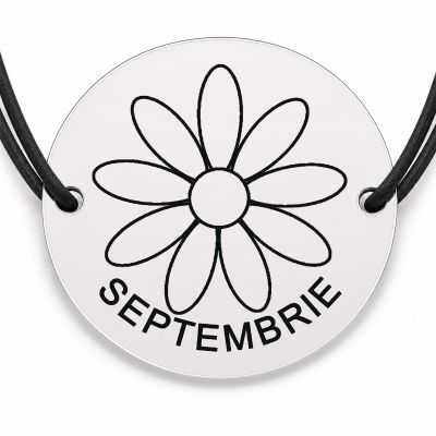 Brățară argint 925 cu bănuț gravat aster septembrie, șnur negru reglabil — R0694