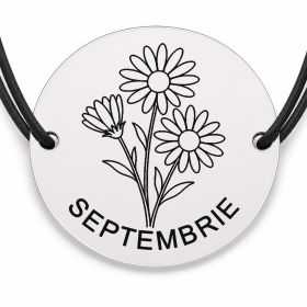 Brățară argint 925 cu bănuț gravat buchet astri septembrie, șnur negru reglabil — R0695