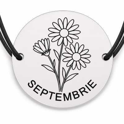 Brățară argint 925 cu bănuț gravat buchet astri septembrie, șnur negru reglabil — R0695