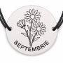 Brățară argint 925 cu bănuț gravat buchet astri septembrie, șnur negru reglabil — R0695