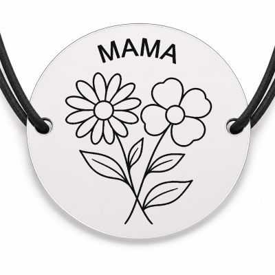 Brățară argint 925 cu bănuț gravat două flori împletite pentru mama, șnur negru reglabil — R0702