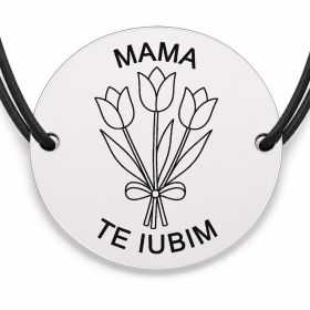 Brățară argint 925 cu bănuț gravat trei lalele legate pentru mama, șnur negru reglabil — R0703