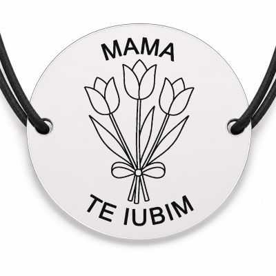 Brățară argint 925 cu bănuț gravat trei lalele legate pentru mama, șnur negru reglabil — R0703