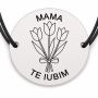 Brățară argint 925 cu bănuț gravat trei lalele legate pentru mama, șnur negru reglabil — R0703