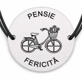 Brățară argint 925 cu bănuț gravat bicicletă cu coș de flori, șnur negru reglabil — R0712