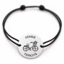 Brățară argint 925 cu bănuț gravat bicicletă cu coș de flori, șnur negru reglabil — R0712