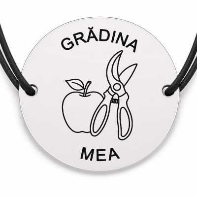 Brățară argint 925 cu bănuț gravat măr și foarfecă de grădină, șnur negru reglabil — R0731