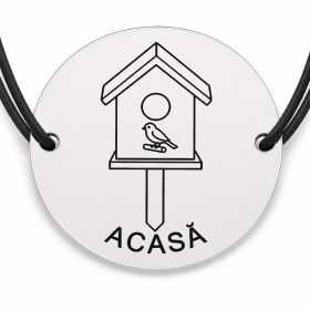 Brățară argint 925 cu bănuț gravat casuta de pasari, șnur negru reglabil — R0732