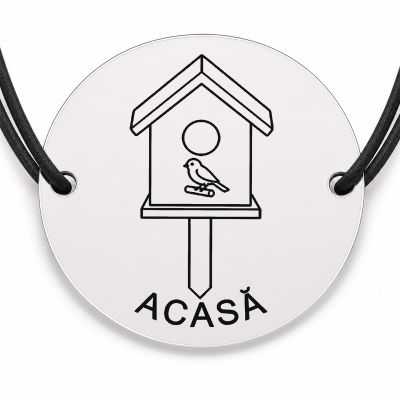 Brățară argint 925 cu bănuț gravat casuta de pasari, șnur negru reglabil — R0732
