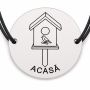 Brățară argint 925 cu bănuț gravat casuta de pasari, șnur negru reglabil — R0732