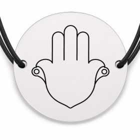 Brățară argint 925 cu bănuț gravat hamsa simplă, șnur negru reglabil — R0743