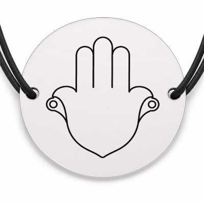 Brățară argint 925 cu bănuț gravat hamsa simplă, șnur negru reglabil — R0743
