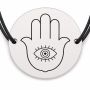 Brățară argint 925 cu bănuț gravat hamsa cu ochi, șnur negru reglabil — R0744