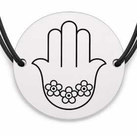 Brățară argint 925 cu bănuț gravat hamsa cu flori, șnur negru reglabil — R0745