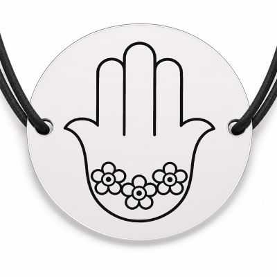 Brățară argint 925 cu bănuț gravat hamsa cu flori, șnur negru reglabil — R0745