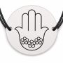 Brățară argint 925 cu bănuț gravat hamsa cu flori, șnur negru reglabil — R0745