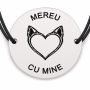 Brățară argint 925 cu bănuț gravat inimă cu urechi de pisică, șnur negru reglabil — R0767
