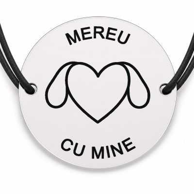 Brățară argint 925 cu bănuț gravat inimă cu urechi de cățel, șnur negru reglabil — R0768