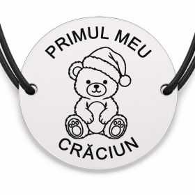 Brățară argint 925 cu bănuț gravat ursuleț cu căciulă de Moș, șnur negru reglabil — R0786