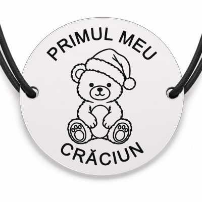 Brățară argint 925 cu bănuț gravat ursuleț cu căciulă de Moș, șnur negru reglabil — R0786