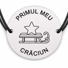Brățară argint 925 cu bănuț gravat sanie mică cu stea, șnur negru reglabil — R0787