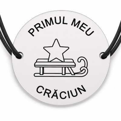 Brățară argint 925 cu bănuț gravat sanie mică cu stea, șnur negru reglabil — R0787