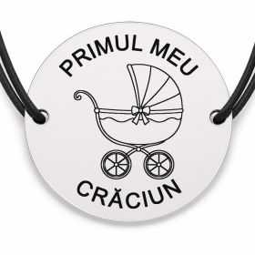 Brățară argint 925 cu bănuț gravat cărucior cu fundiță, șnur negru reglabil — R0790