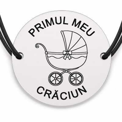 Brățară argint 925 cu bănuț gravat cărucior cu fundiță, șnur negru reglabil — R0790