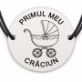 Brățară argint 925 cu bănuț gravat cărucior cu fundiță, șnur negru reglabil — R0790
