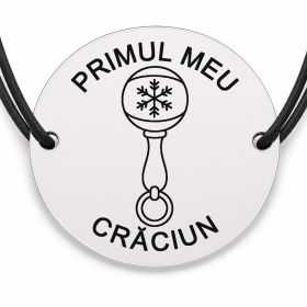 Brățară argint 925 cu bănuț gravat jucărie zornăitoare cu fulg, șnur negru reglabil — R0792