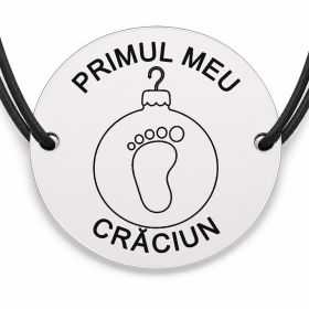 Brățară argint 925 cu bănuț gravat glob cu tălpiță de bebe, șnur negru reglabil — R0794