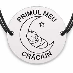 Brățară argint 925 cu bănuț gravat lună cu bebe dormind, șnur negru reglabil — R0795