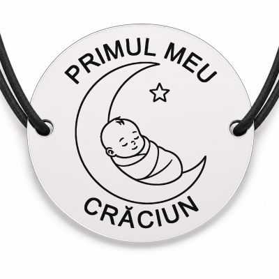 Brățară argint 925 cu bănuț gravat lună cu bebe dormind, șnur negru reglabil — R0795