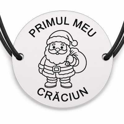 Brățară argint 925 cu bănuț gravat Moș Crăciun mic cu sac, șnur negru reglabil — R0796